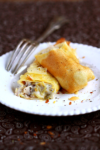 Gratin de crêpes fourrées aux poireaux et aux shiitakés